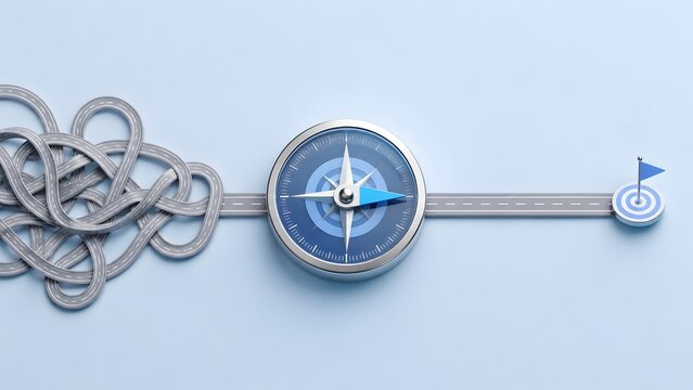 Tangled chaotic road transforming into a straight highway pointing to a target flag with a compass showing direction on a light blue background.