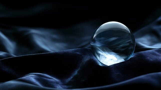 internal. A glowing crystal sphere resting on dark velvet fabric, reflective surface with soft internal light. lifestyle magazines.