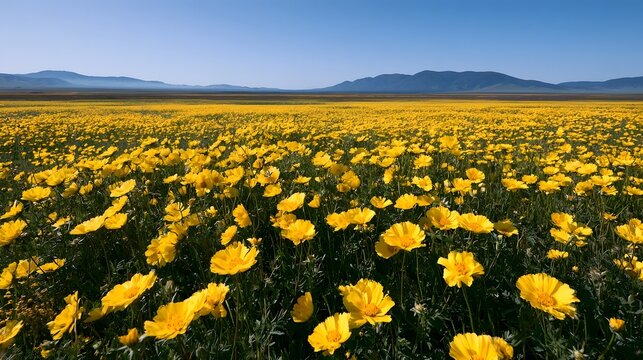 A vast field of bright yellow wildflowers under a clear blue sky with distant mountains on the horizon