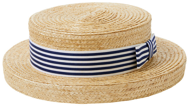 Straw boater hat with navy and white striped ribbon and bow, isolated on transparent background