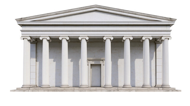 Neoclassical white marble building with Ionic columns, isolated on transparent background