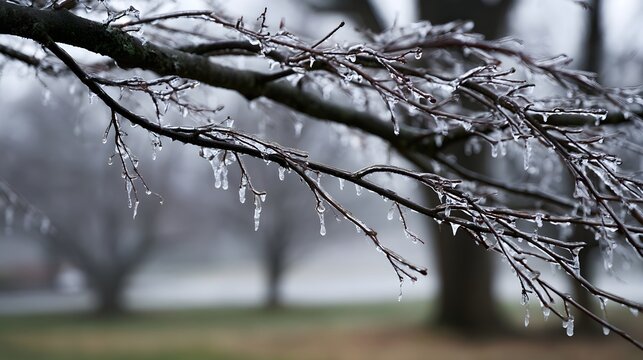 Icicles hang from bare tree branches against a soft blurred winter landscape background with muted tones and natural textures