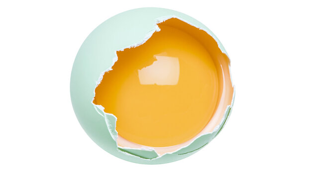 Cracked pale blue eggshell revealing bright yellow yolk, isolated on transparent background