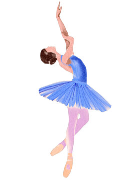 Beautiful Ballerina Dancer in Blue Tutu Arabesque Pose Watercolor Illustration for Ballet Performance Clipart Bundle