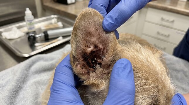 Dog ear mites close up, dark crumbly debris visible inside ear canal during veterinary exam
