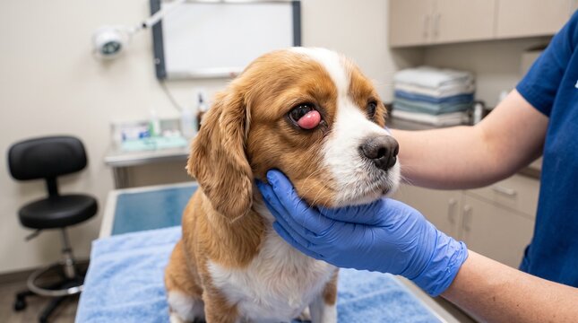 Dog cherry eye close up, rounded pink tissue protruding from inner eye corner during veterinary exam
