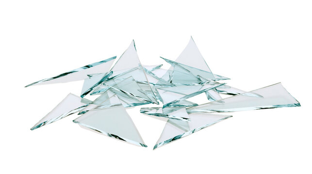 Sharp jagged clear glass shards scattered, isolated on transparent background
