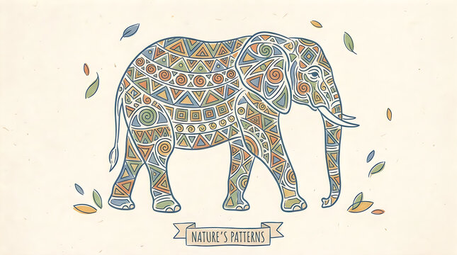Intricate geometric pattern elephant illustration in nature style