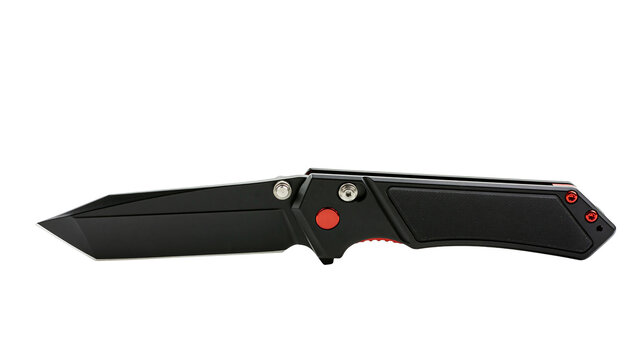 Black tactical folding knife with red accents, isolated on transparent background