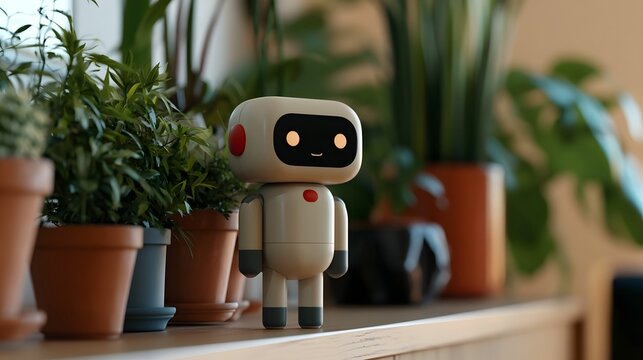 A small robot toy stands on a wooden shelf beside potted plants in a bright indoor setting