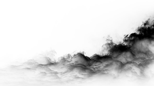 Dark clouds rise above a misty landscape at twilight, creating a dramatic scene with bold patterns and textures in the air