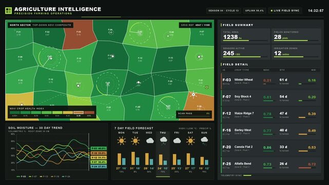 Illustrated top-down view of agricultural fields with NDVI color palette showcasing crop health and precision farming operations, featuring data panels and charts for analysis.