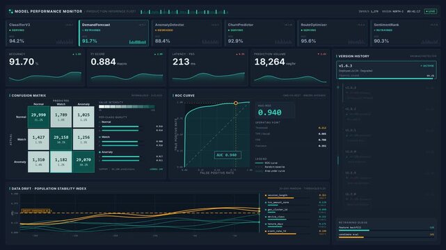 Explore the advanced dark-mode MLOps performance monitoring dashboard featuring model selectors, detailed metrics, and visualizations for AI and machine learning applications.