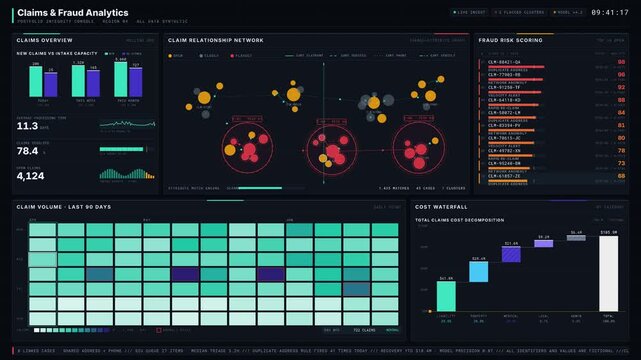 Explore a sophisticated banking and insurance claims fraud analytics dashboard featuring a dark interface with network graphs, risk scoring, and detailed visual data insights.
