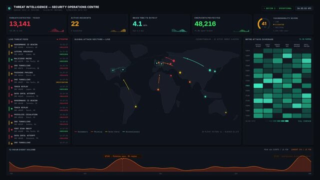 A high-stakes cybersecurity SOC dashboard displays real-time threat intelligence with a world map and live incident feed, illustrating a cold, precise monitoring atmosphere.