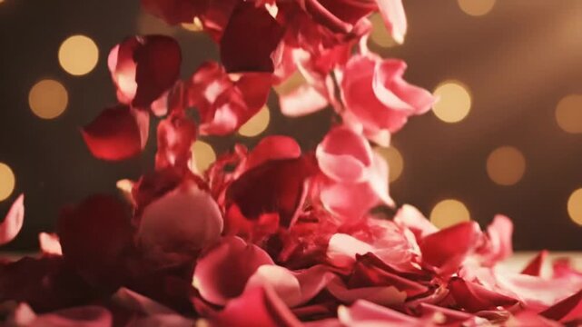 red rose petals falling down in slow motion with warm bokeh lights background
