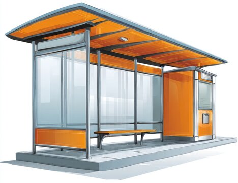 Illustration of a modern transportation shelter with orange accents and glass panels, equipped with a seat, and a ticket booth