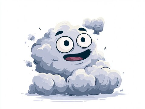 Friendly cartoon smoke cloud with big eyes and joyful smile, soft pastel colors, sticker icon design, clean vector illustration, modern cute style. 