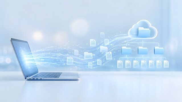Digital file transfer from laptop to cloud storage folder hierarchy representing organized data backup and document management system