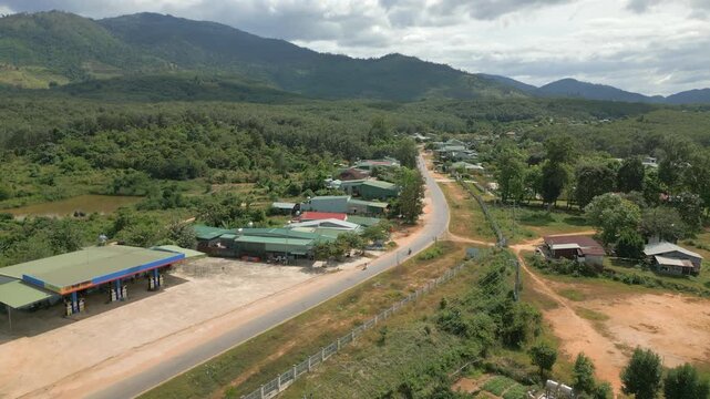 Secluded Village Near Cambodian Border Kon Tum District Central Vietnam Highlands Drone Track Back 4K 30FPS