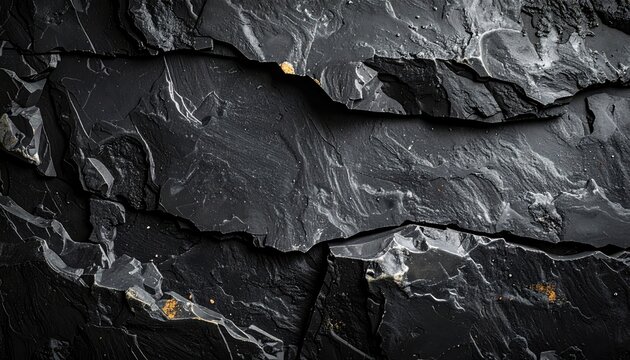 Dark, layered stone with texture and cracks, some small yellow marks, rough material and surface for abstract design