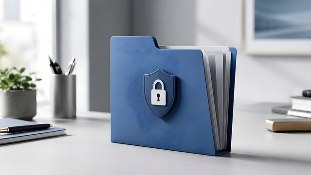 Blue folder with a padlock shield icon on a desk representing confidential document security and data privacy in an office environment.