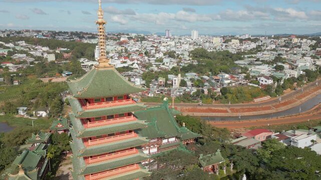 Top Level Minh Thanh Pagoda Central Pleiku City Vietnam Drone Track Left 4K 30FPS