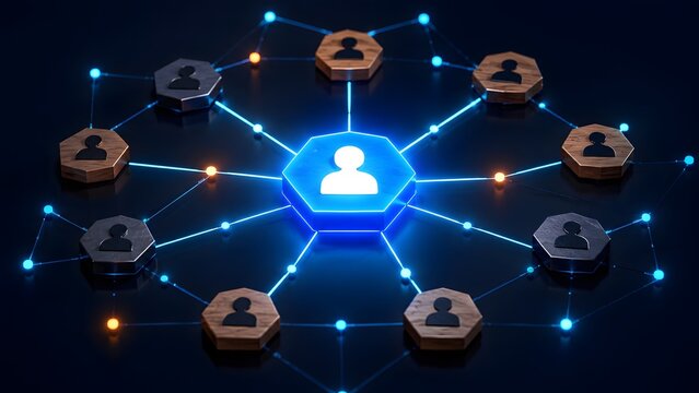 Central glowing user icon connected to multiple peripheral nodes on a dark background representing decentralized network communication and team connection.