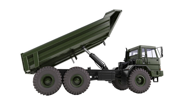 Dark green dump truck with raised bed, isolated on transparent background