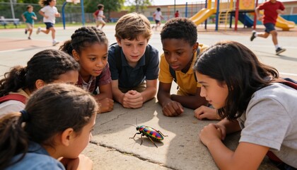 Obraz premium Gathering six kids crouching at schoolyard, observing iridescent beetle and backpacks