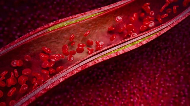 Cross section of narrowed artery filled with cholesterol plaque demonstrating reduced circulation, vascular obstruction, and progression of atherosclerosis in the cardiovascular system. 3D Rendering
