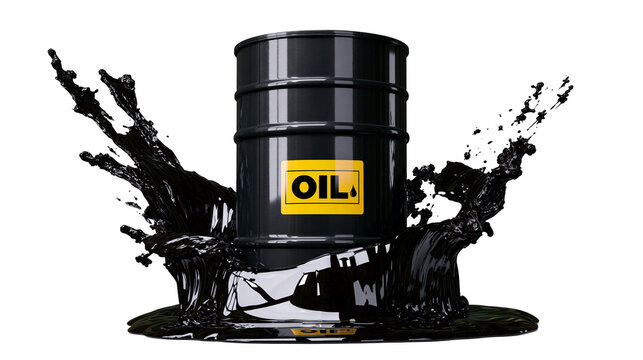 Glossy black oil barrel with yellow OIL label splashing crude oil, isolated on transparent background
