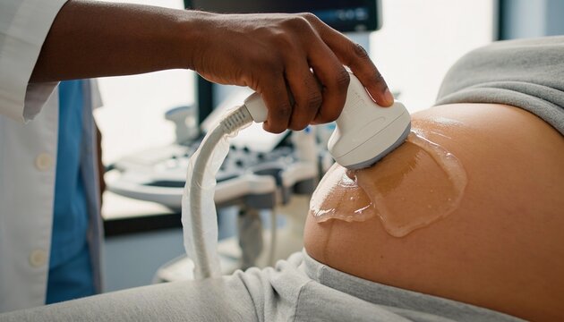 Pressing ultrasound probe, tech scanning pregnant belly at clinic, gel, white coat, lifted top