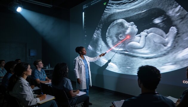 Pointing doctor in white coat in lecture room indicating fetal head on sonogram with laser pointer