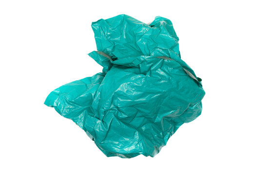 Cyan crumpled plastic from package, bag ball isolated on white background, top view 