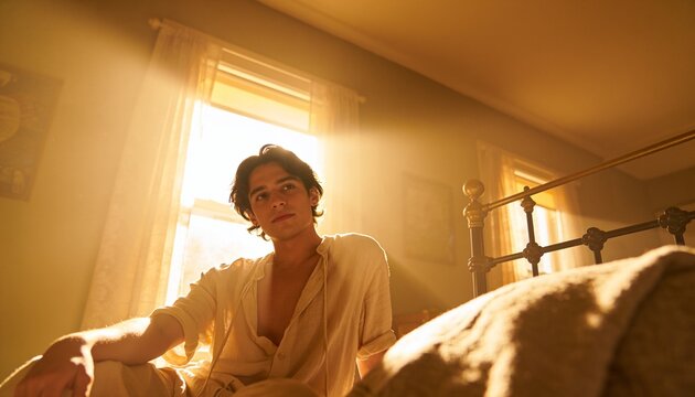 Sitting man wearing unbuttoned shirt and trousers in bedroom with sunlit window and metal bed frame