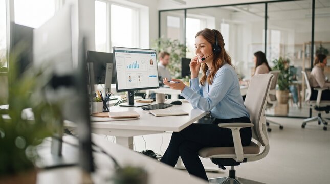 Smiling Female Call Center Agent Wearing Headset Assisting Customer in Modern Office