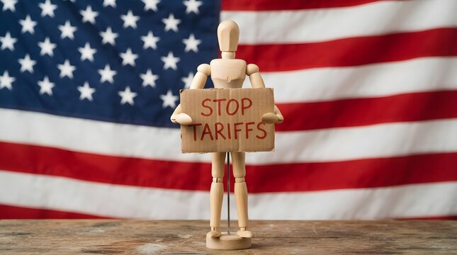 Wooden mannequin holding a sign that says stop tariffs in front of an american flag
