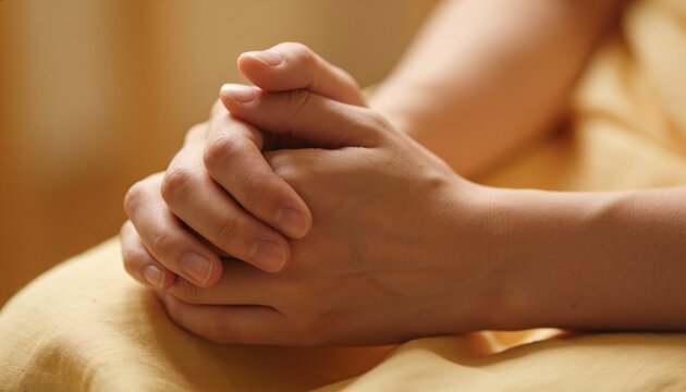 Clasping interlaced adult hands resting on lap at home, showing yellow fabric garment