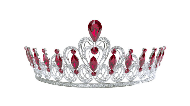 Ornate silver tiara with red ruby gemstones, isolated on transparent background