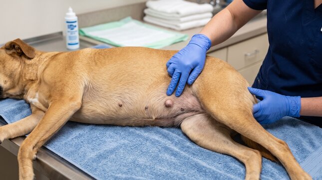 Dog mammary tumor close up, visible lump along mammary gland chain palpated during veterinary exam