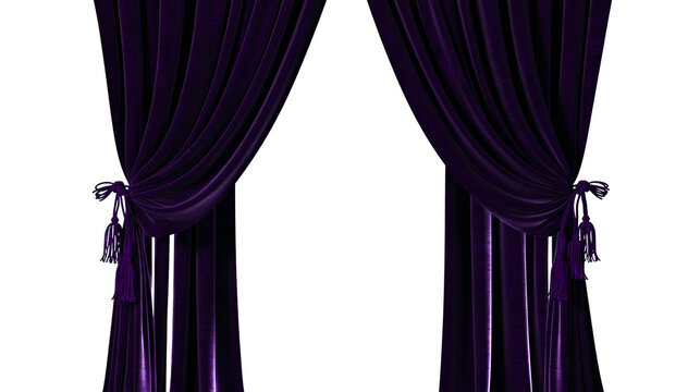 Deep purple velvet curtains with tassels tied back, isolated on transparent background