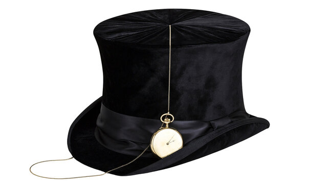 Black velvet top hat with gold pocket watch and chain, isolated on transparent background