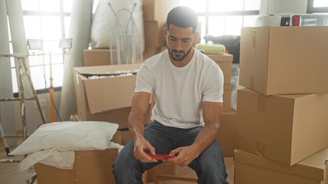 Man sitting on chair holding red smartphone and cardboard box amid packed boxes and ladder in a building, fingers tapping screen; moving reflection fatigue.
