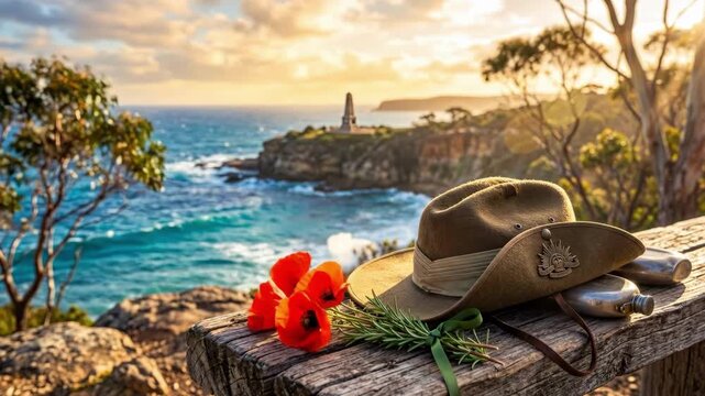 Australian slouch hat with red poppies and rosemary on wooden fence overlooking ocean cliffs. Coastal sunset view with lighthouse monument. Anzac Day military remembrance tribute and veteran honor