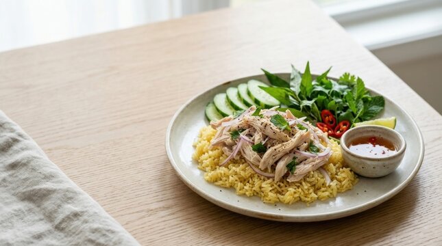 Authentic Vietnamese Shredded Chicken with Turmeric Rice and Herbs