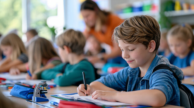 Wide cinematic view of an active elementary classroom with engaged students learning together teacher guiding the lesson bright inspiring educational environment ultra photorealism, cinematic color 