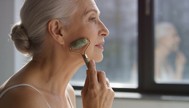Rolling senior woman low bun thin top using jade roller beside large glass window, faint reflection