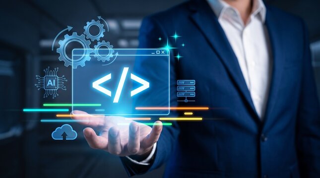 Professional software engineer demonstrating digital programming interface with artificial intelligence and cloud computing integration
