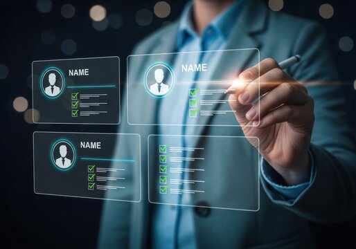 Business professional using a futuristic digital interface to manage human resources and recruit new talent for the company
